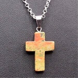 925 Silver Necklace W/ Stone Cross Green Pink Unakite Valentine Birthday Gift